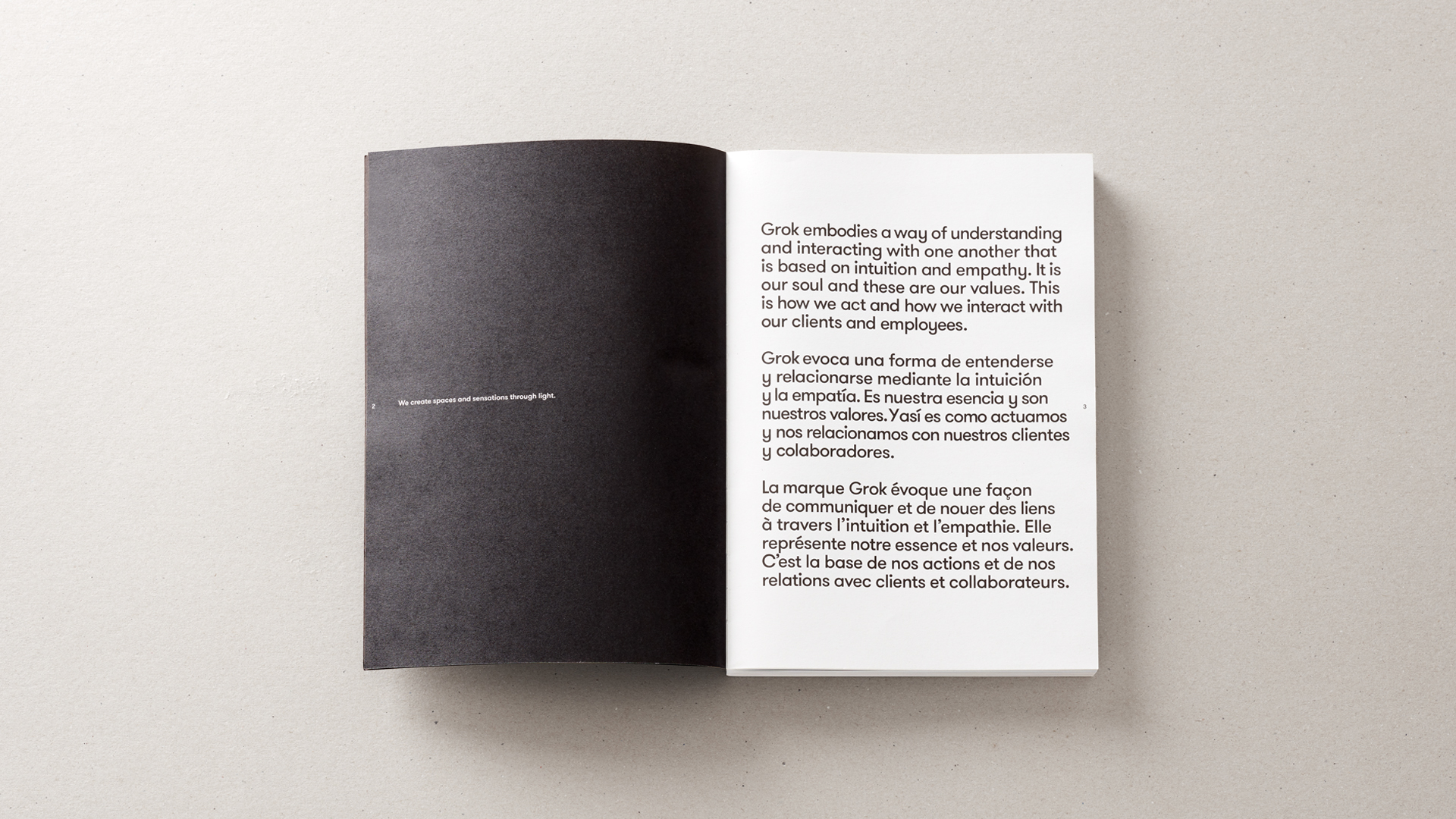 Intro del catálogo corporativo para Grok por Nomon Design, agencia de branding, diseño gráfico y packaging de Barcelona.