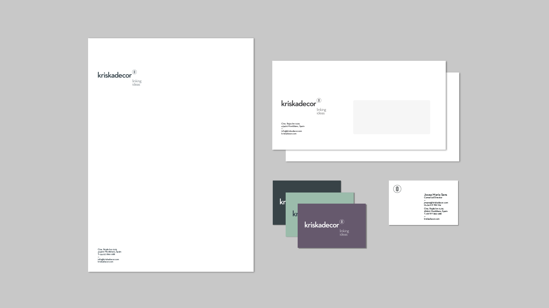 Materiales de comunicación del nuevo branding corporativo de Kriskadecor por Nomon Design, agencia de branding