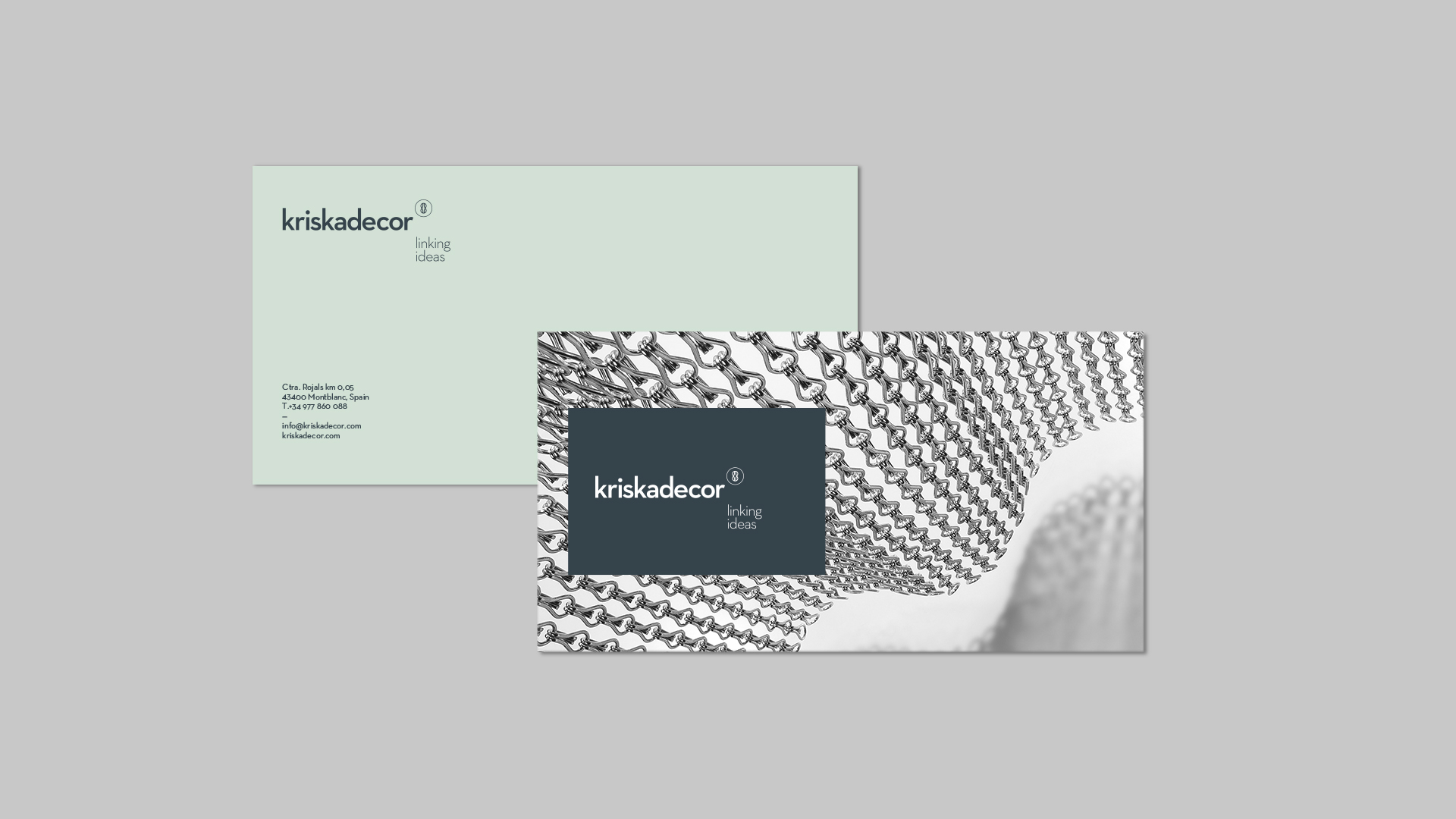 Materiales corporativos de Kriskadecor con nuevo branding aplicado, por Nomon Design, agencia de branding