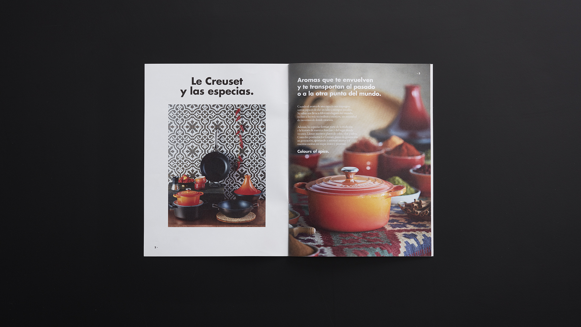 Interiores de la revista de la campaña de Comunicación Colours of Spice Le Creuset por Nomon Design, agencia de branding