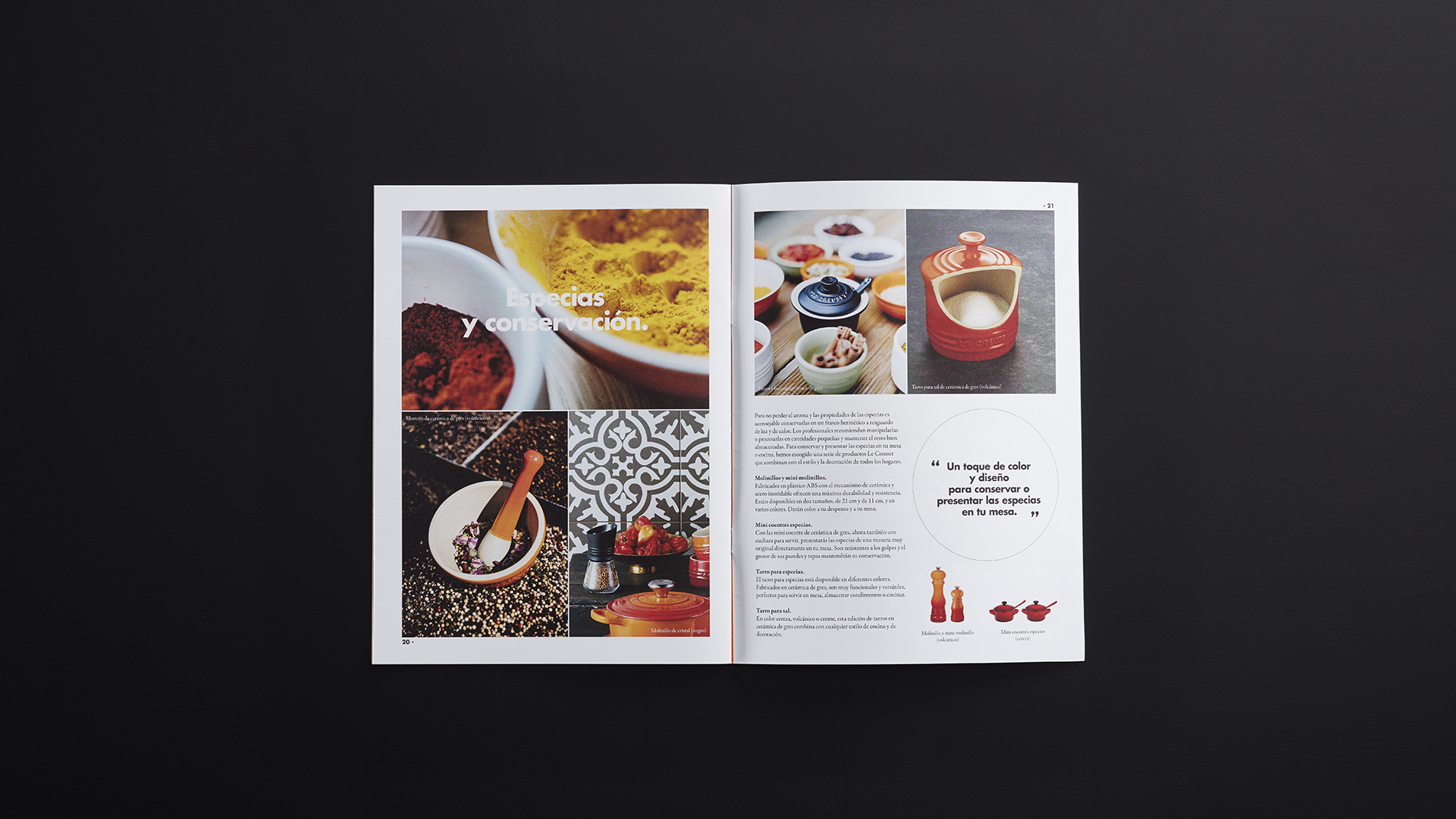 Páginas nteriores de la revista de la campaña de Comunicación Colours of Spice Le Creuset por Nomon Design, agencia de branding