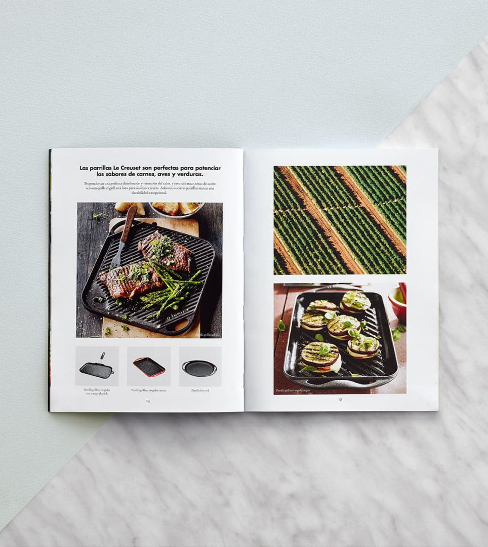 Branding corporativo para Le Creuset aplicado en los interiores de la revista corporativa por Nomon Design, agencia de branding