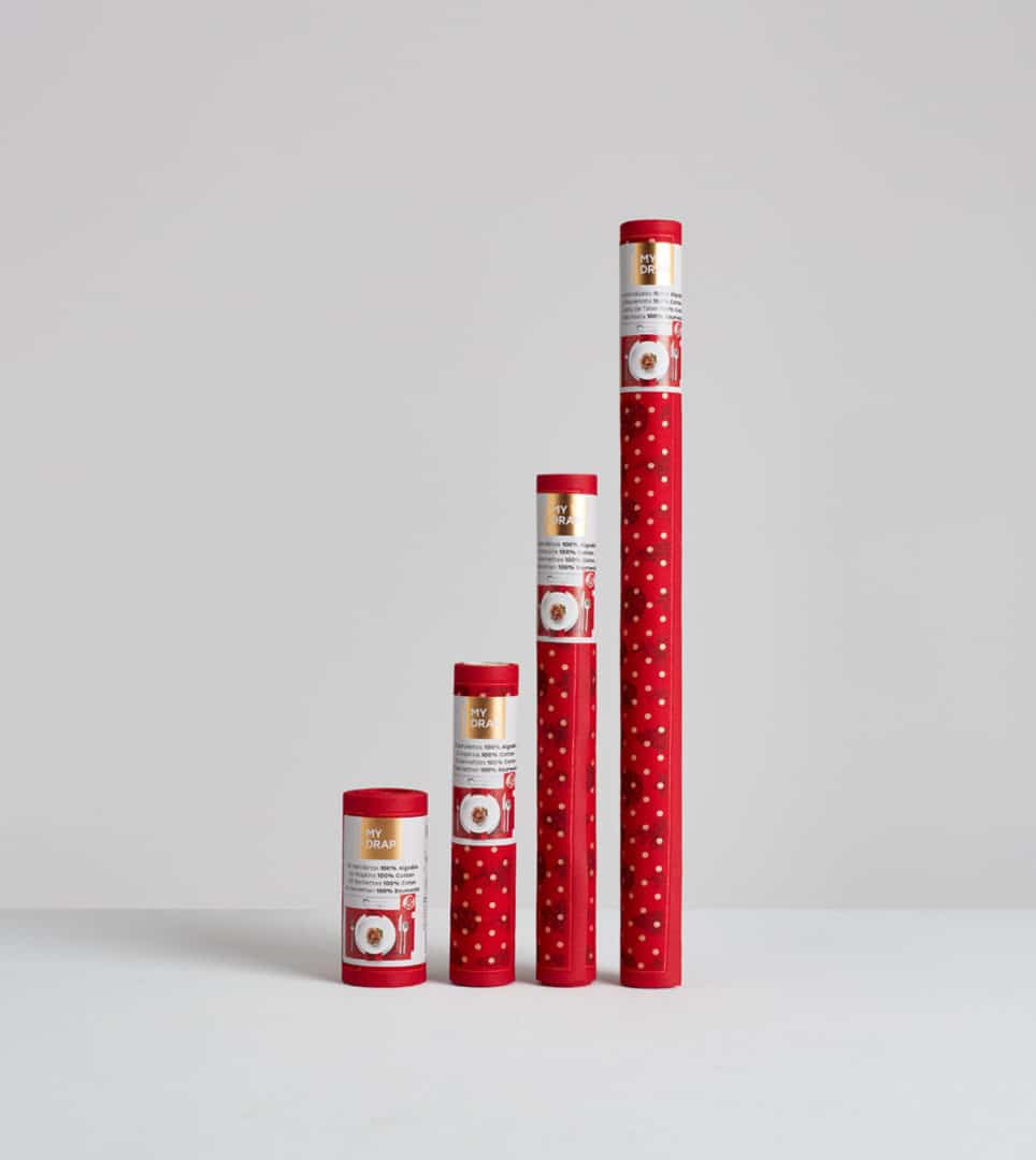 Diseño de packaging manteles y servilletas MY DRAP por Nomon Design, agencia de branding, diseño gráfico y packaging de Barcelona.