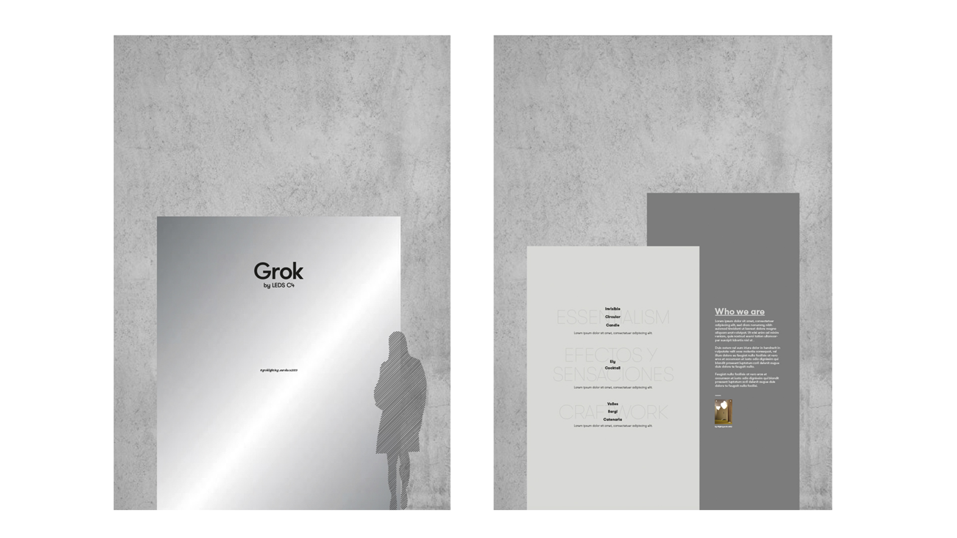 Dirección de arte el reflejo en el espejo para Grok aplicada en señalética por Nomon Design, agencia de branding