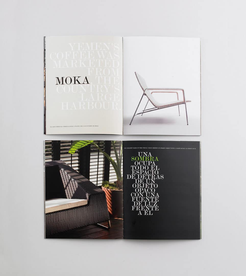 Diseño editorial para el catálogo Outdoor Urban de Point, con fotografía de mobiliario y diseño gráfico por Nomon Design.