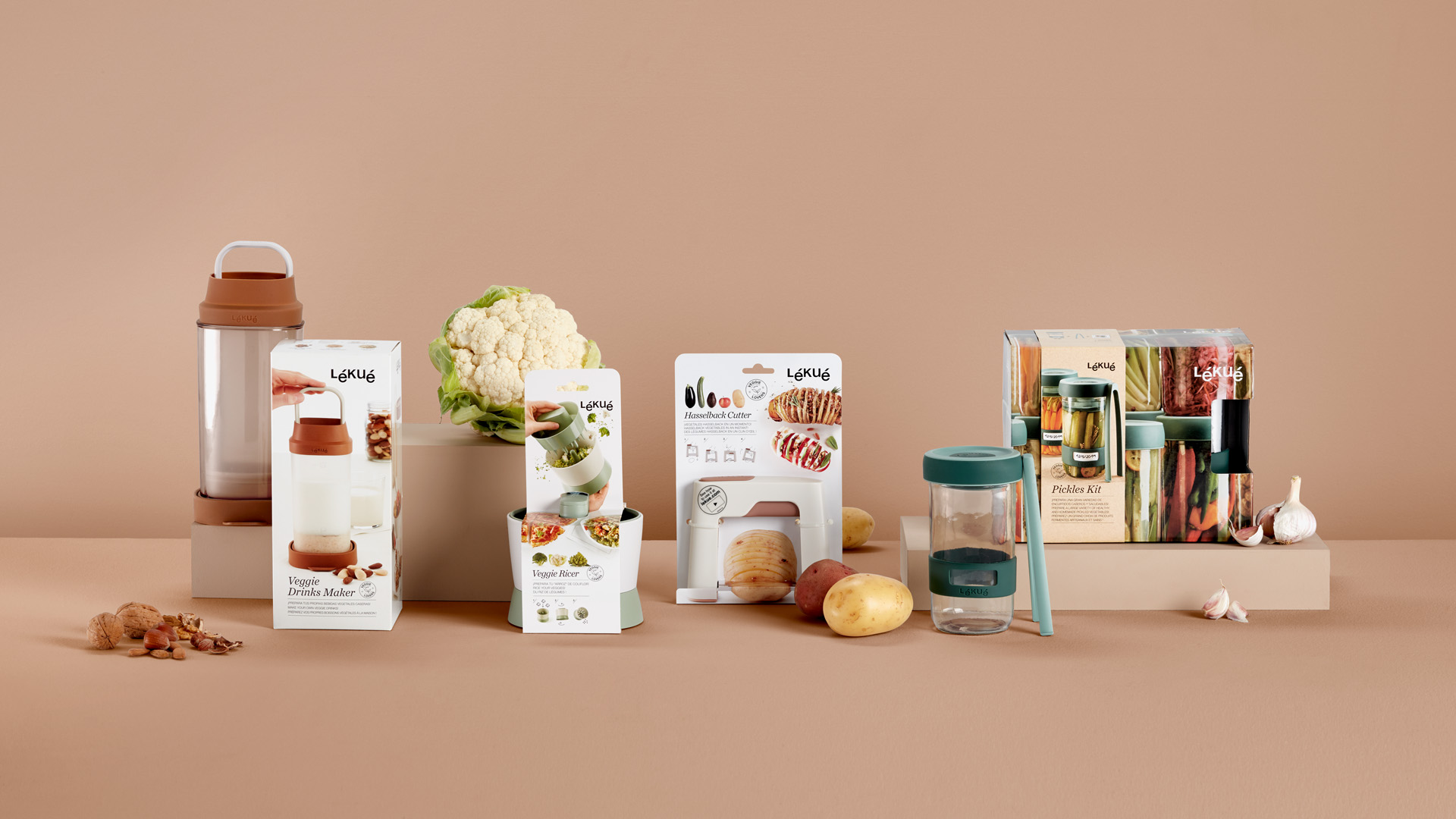 Diseño de packaging colección Veggie Tools de Lékué por Nomon Design, agencia de branding