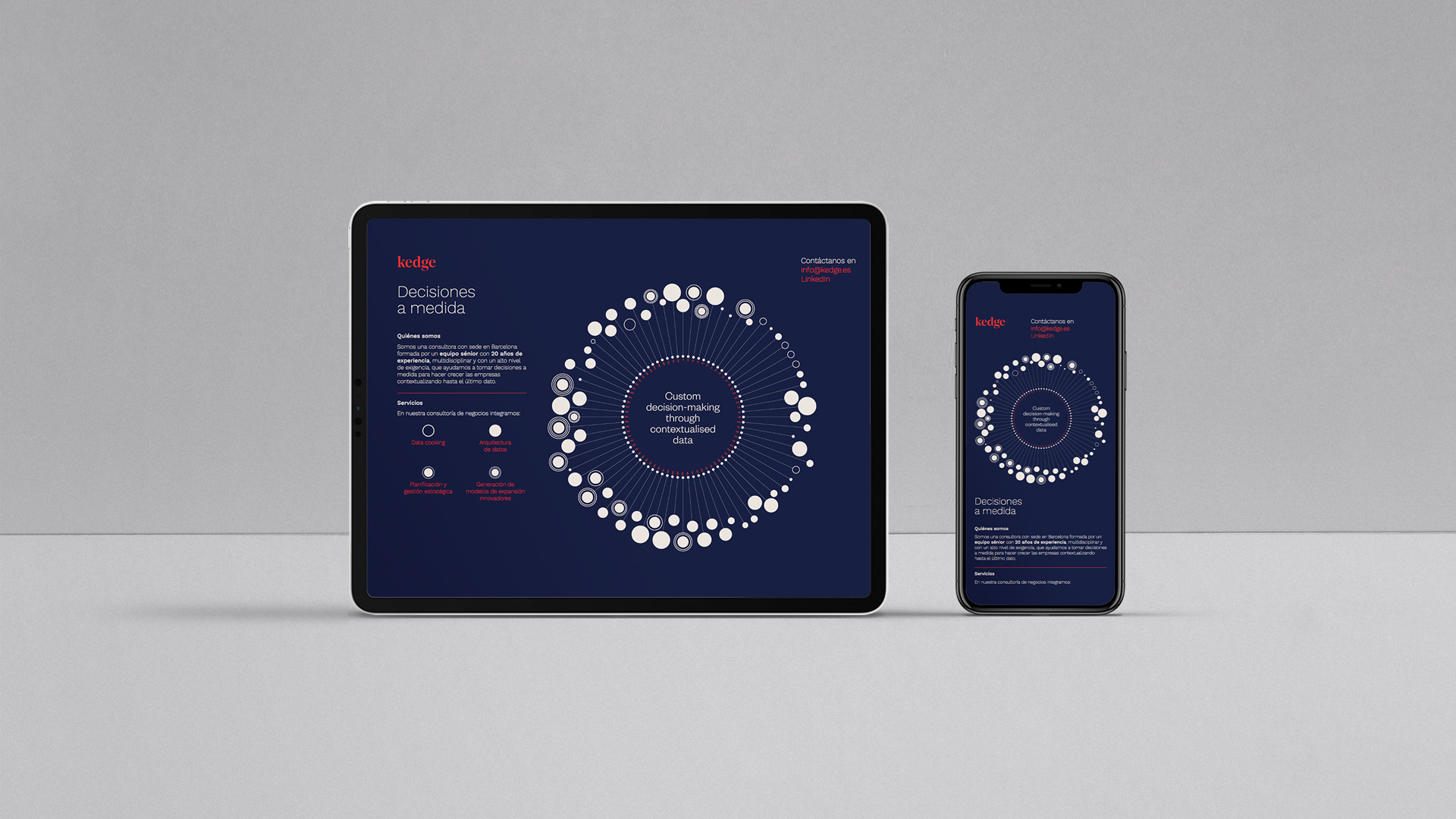 Branding corporativo de Kedge aplicado en digital por Nomon Design, agencia de branding