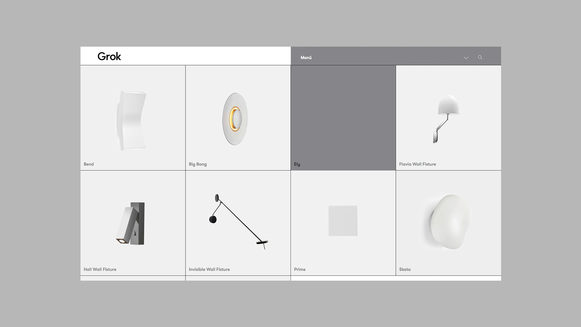 Categorías de la nueva página web aplicando el branding de Grok por Nomon Design, agencia de branding