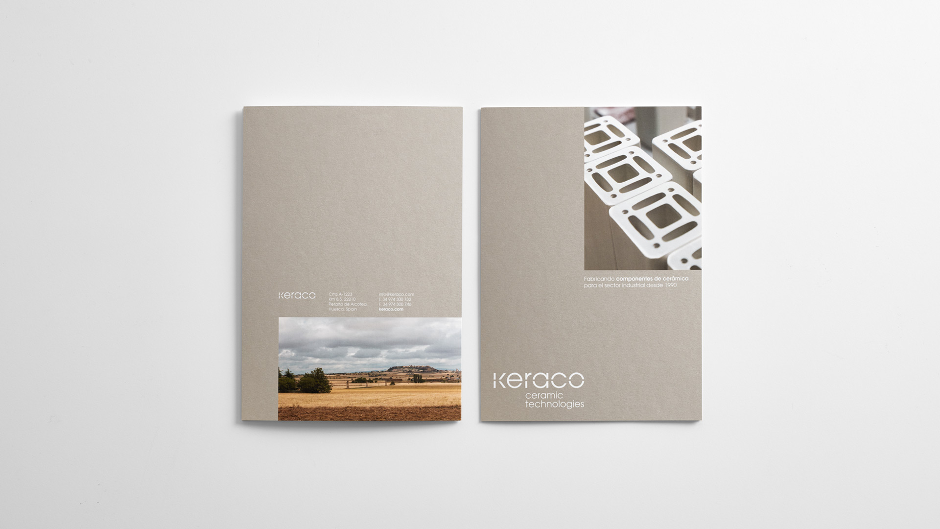 Aplicación del branding corporativo Keraco en su diseño editorial por Nomon Design, agencia de branding