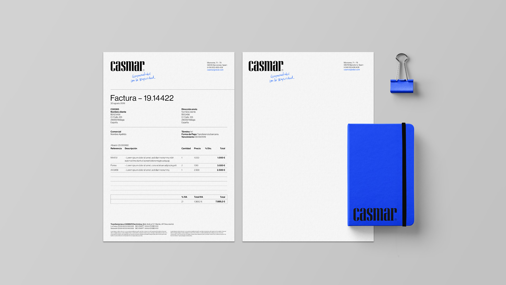 Aplicación del branding corporativo de Casmar en papelería por Nomon Design, agencia de branding