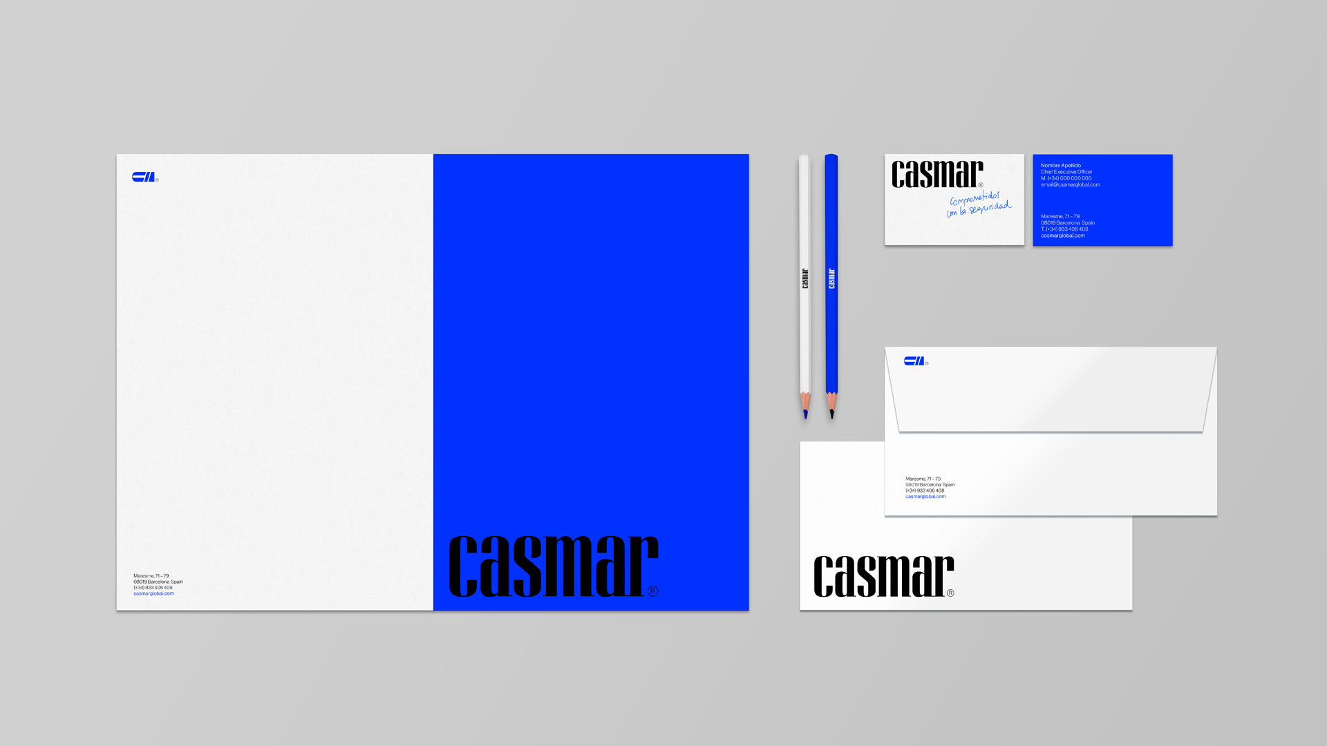 Aplicación del branding corporativo de Casmar en papelería por Nomon Design, agencia de branding