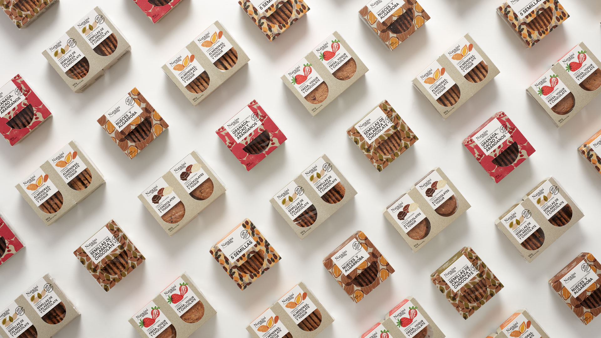 Sistema de packaging para barritas y galletas Natwins de Girofibra por Nomon Design, agencia de branding