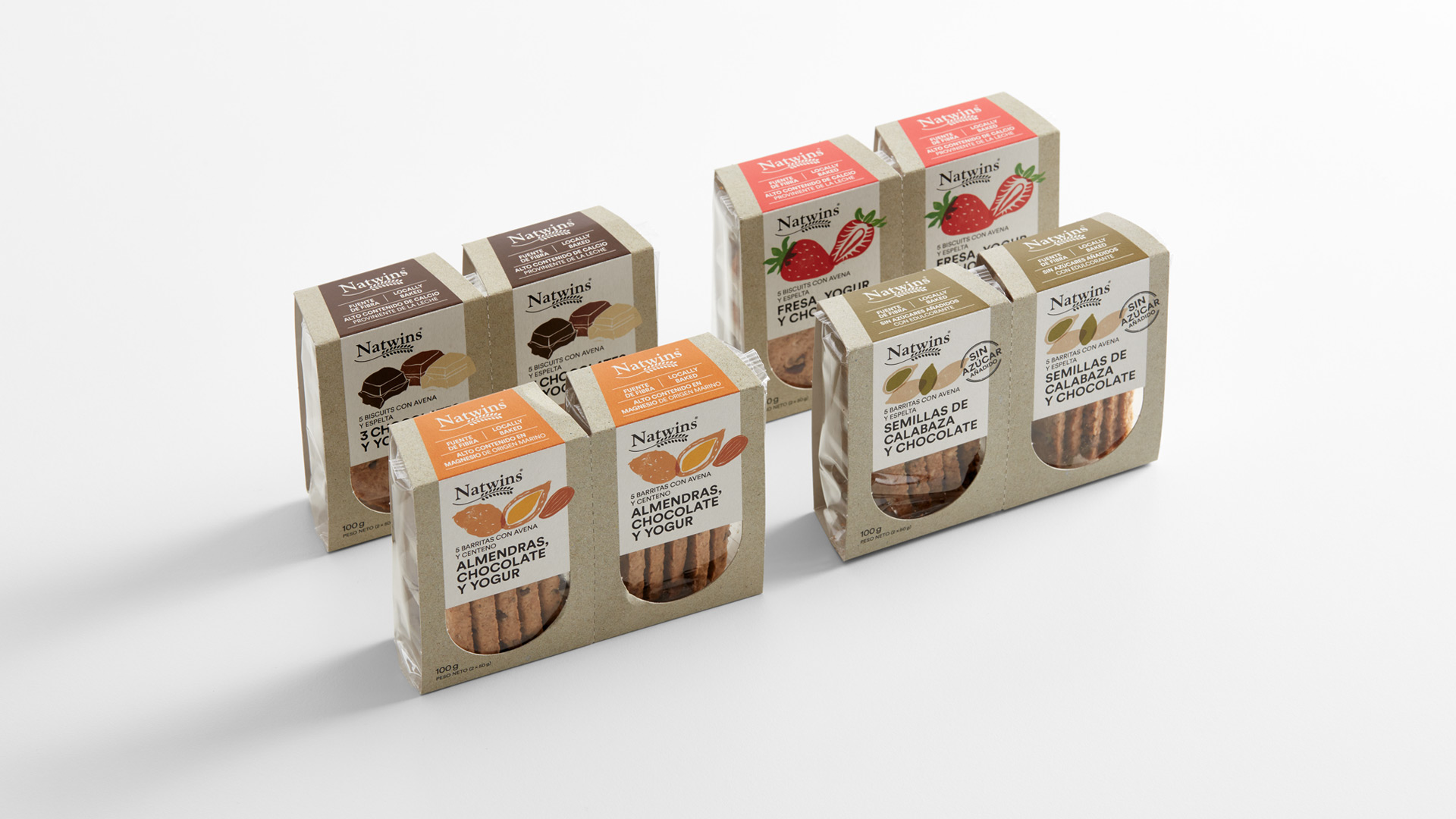 Diseño de packaging de barritas y galletas Natwins de Girofibra por Nomon Design, agencia de branding