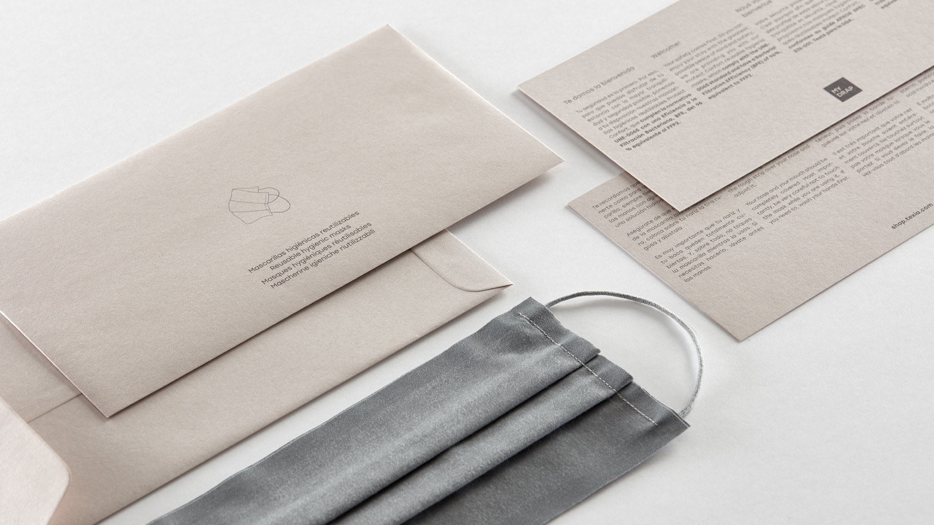 Detalle del packaging amenities mascarillas MY DRAP Profesional por Nomon Design, agencia de branding