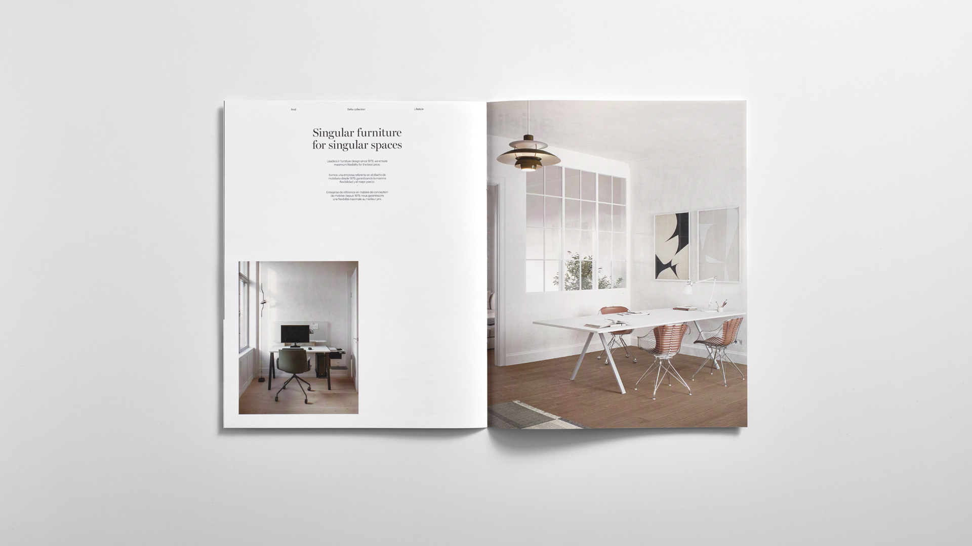Dirección de arte en el diseño editorial del catálogo Delta de Aridi por Nomon Design, agencia de branding
