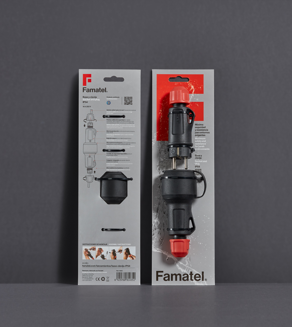 VIsión frontal del diseño de packaging de la clavija y base IP54 de Famatel por Nomon Design, agencia de branding