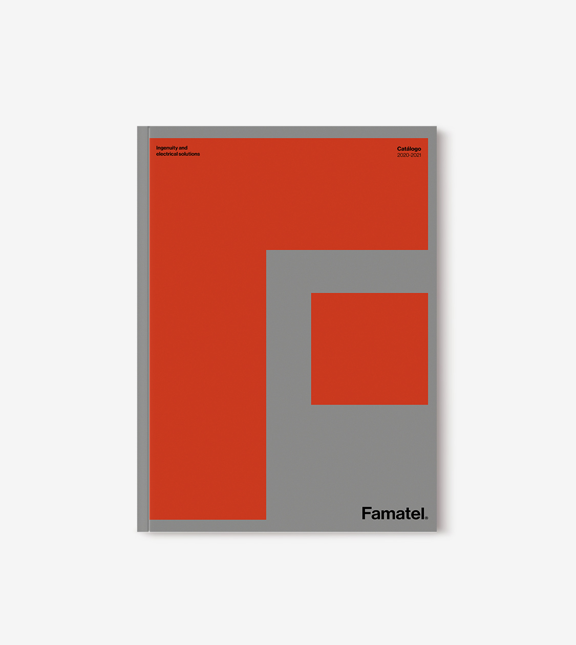 Identidad corporativa aplicada en catálogo de Famatel por Nomon Design, agencia de branding