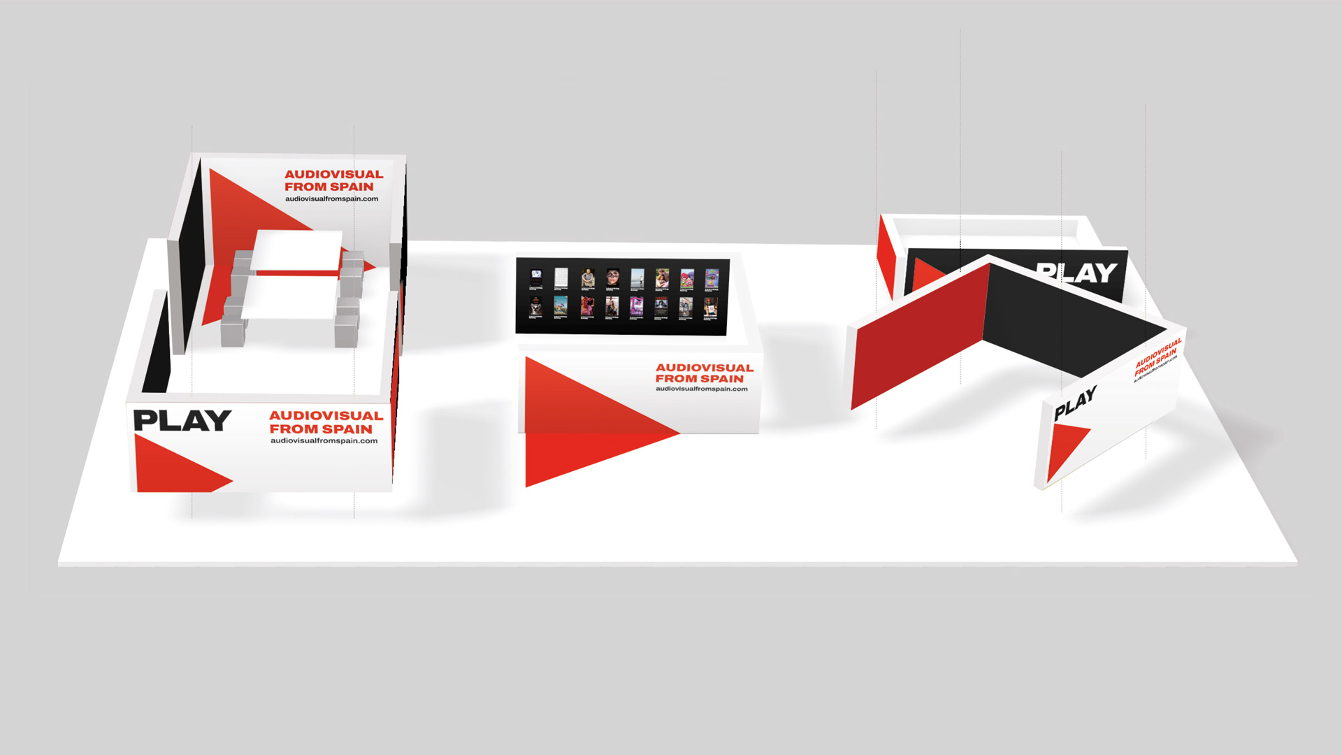 Aplicación en estand de la imagen gráfica de Audiovisual from Spain de ICEX por Nomon Design, agencia de branding