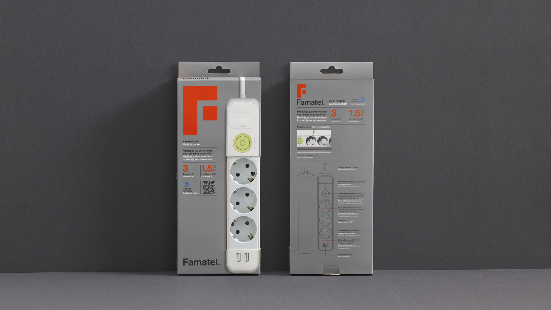 Detalle del packaging de la gama de bases múltiples de Famatel por Nomon Design, agencia de branding