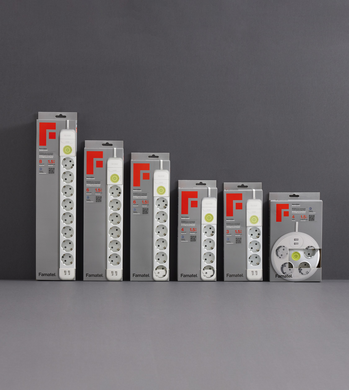 Diseño de packaging de la gama de bases múltiples de Famatel por Nomon Design, agencia de branding
