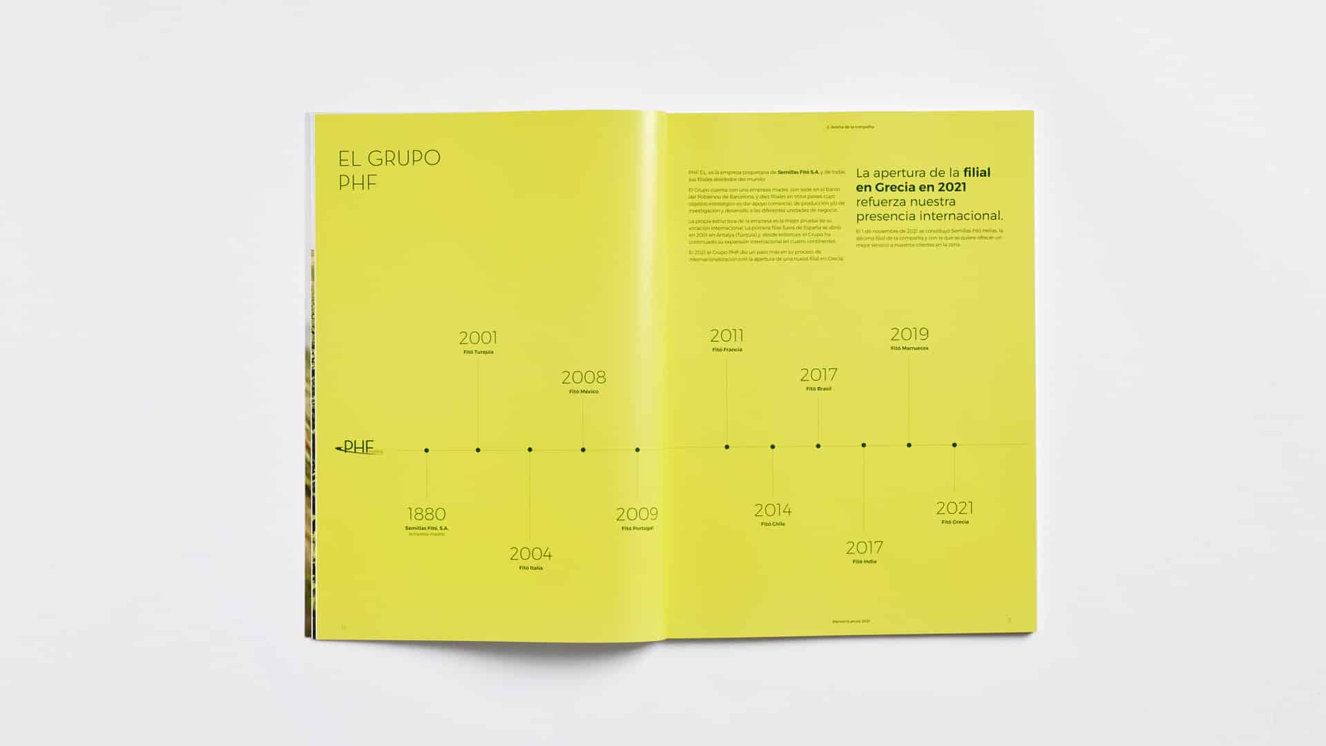 Interior de la memoria anual 2021 de Semillas Fitó destacando sus hitos corporativos por NOMON DESIGN