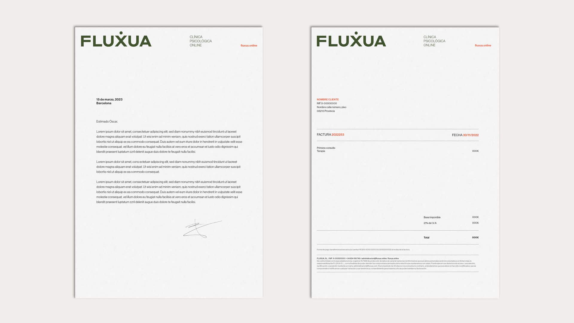 Estrategia de branding corporativo de FLUXUA en material corporativo diseñado por NOMON DESIGN, agencia de branding