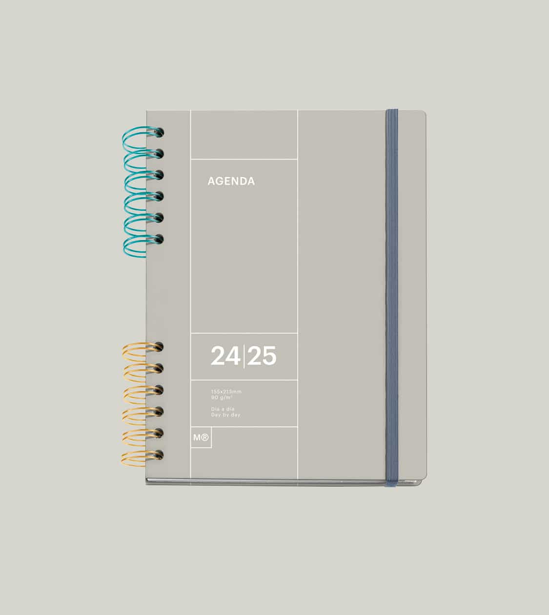 Agenda 24/25 con espiral multicolor diseñada por Nomon Design, agencia de branding, para Miquelrius.