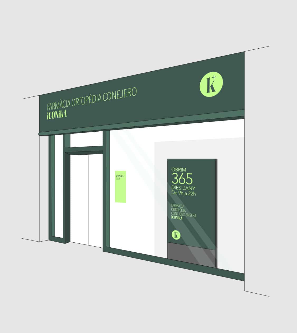 Aplicación del branding en el diseño exterior de Farmacias Iconika diseñado por NOMON DESIGN, agencia de branding de Barcelona