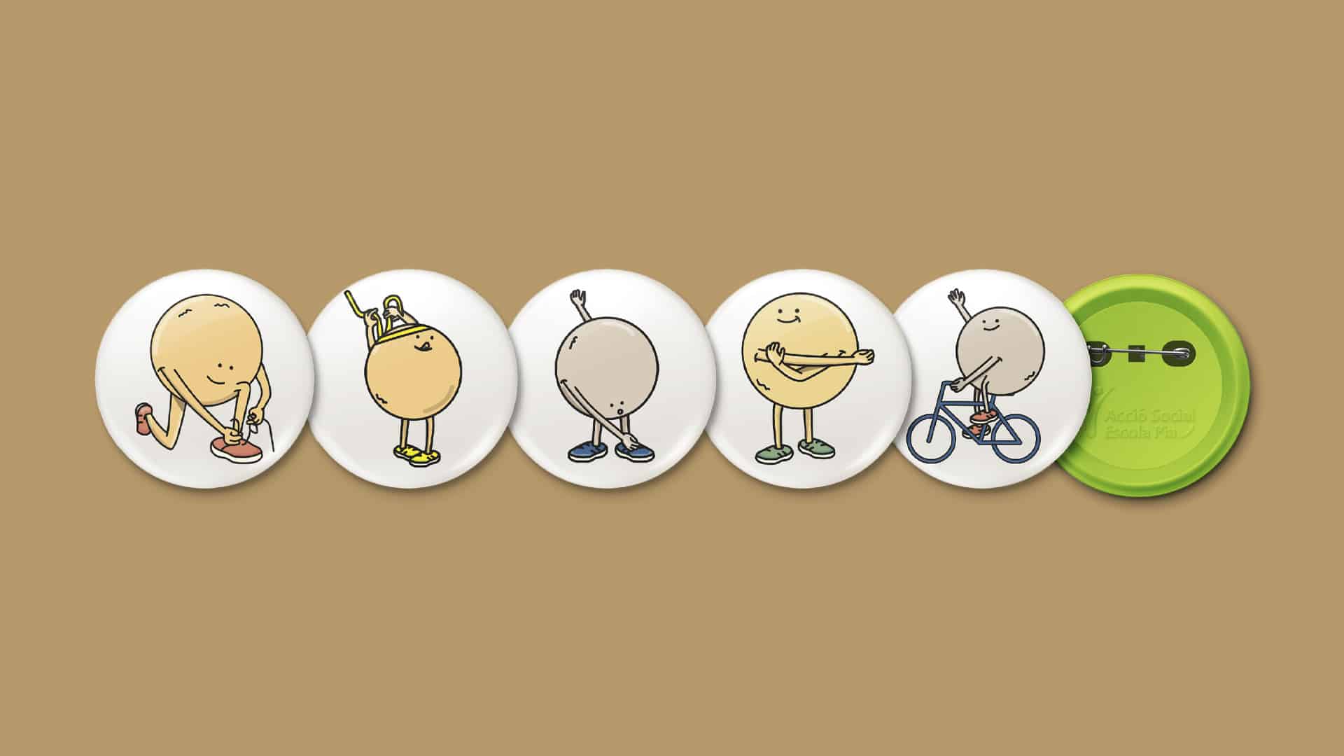 Chapas ilustradas con personajes redondos practicando deporte para Acció Social Escola Pia, por Nomon Design, agencia de branding de Barcelona
