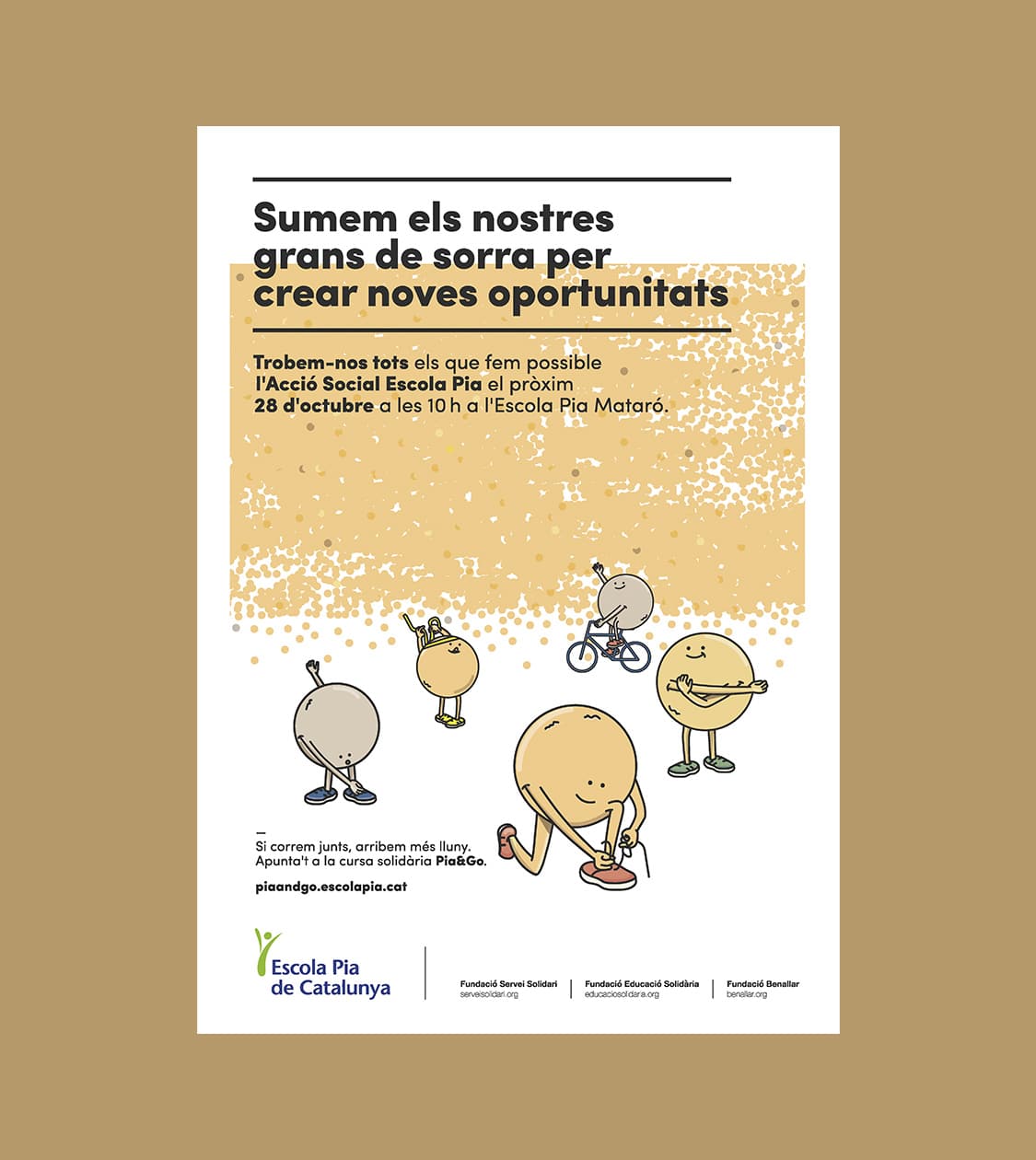 Cartel ilustrado para Acció Social Escola Pia con mensaje de participación y solidaridad, diseñado por Nomon Design, agencia de branding