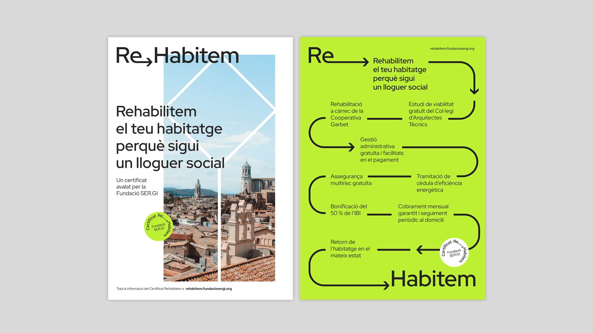 Cartel del proyecto ReHabitem con imagen de Girona y versión gráfica en verde del proceso de rehabilitación. Diseño de Nomon Design con el LAB Blanquerna.