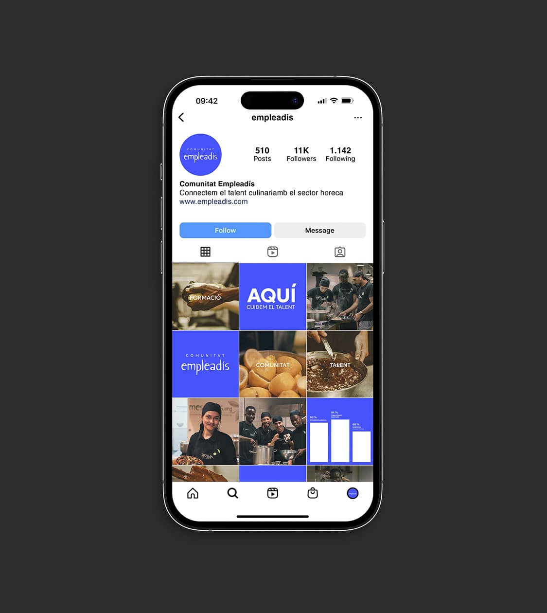 Imagen del perfil de Instagram de Empleadis con publicaciones centradas en formación y talento en el sector horeca. Proyecto de Nomon Design.