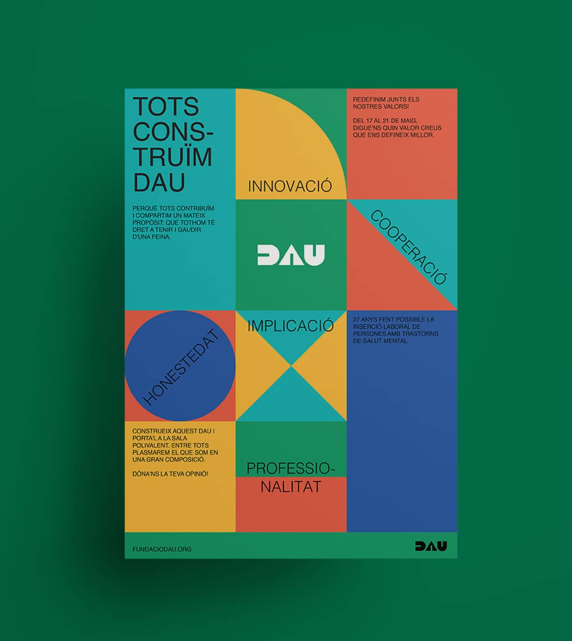 Cartel de valores de Fundació DAU diseñado por Nomon Design para LAB Blanquerna, con una composición gráfica de colores vivos y tipografía modular.