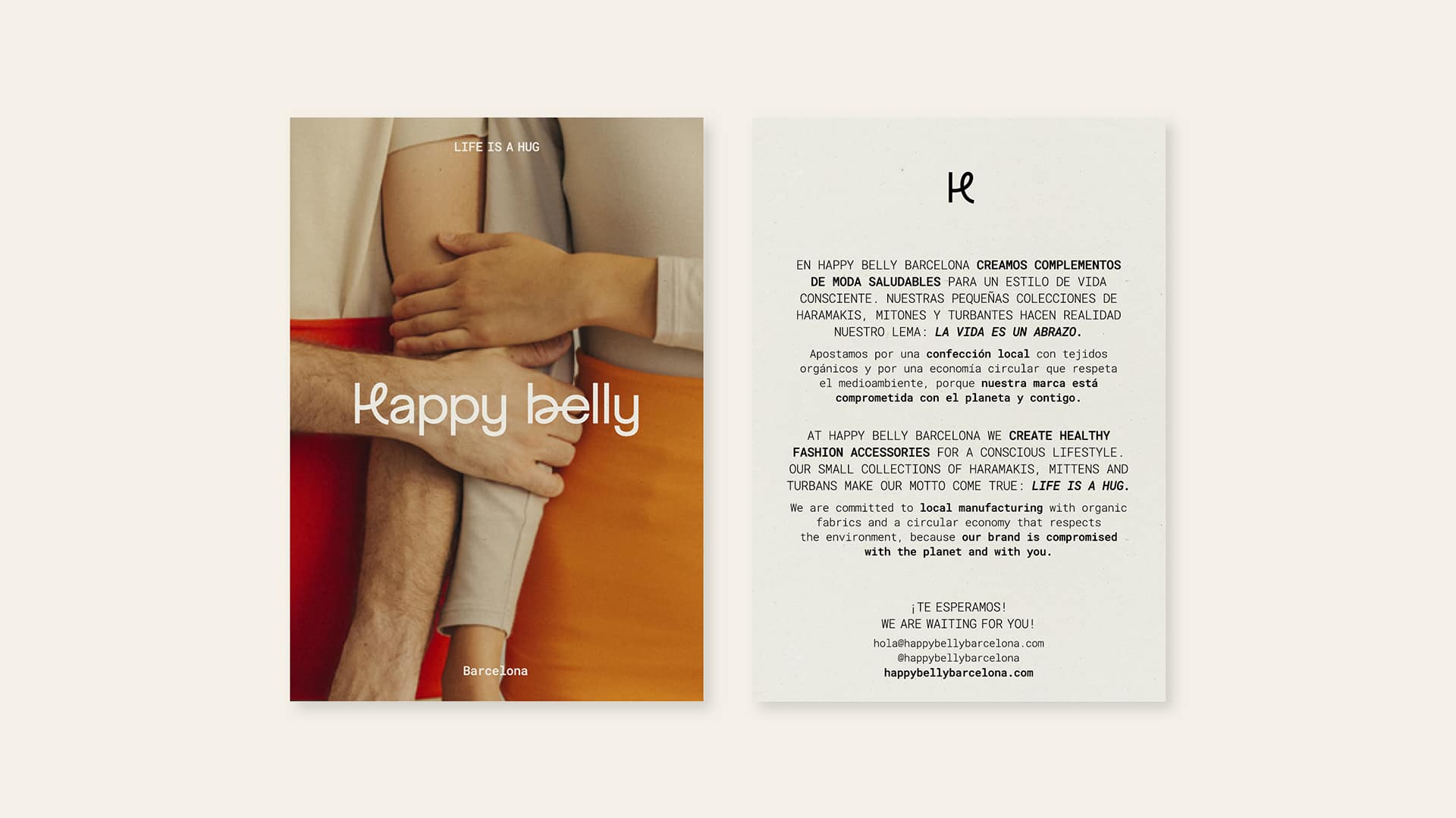 Branding aplicado en un tríptico de Happy Belly Barcelona diseñado por Nomon Design, agencia de branding