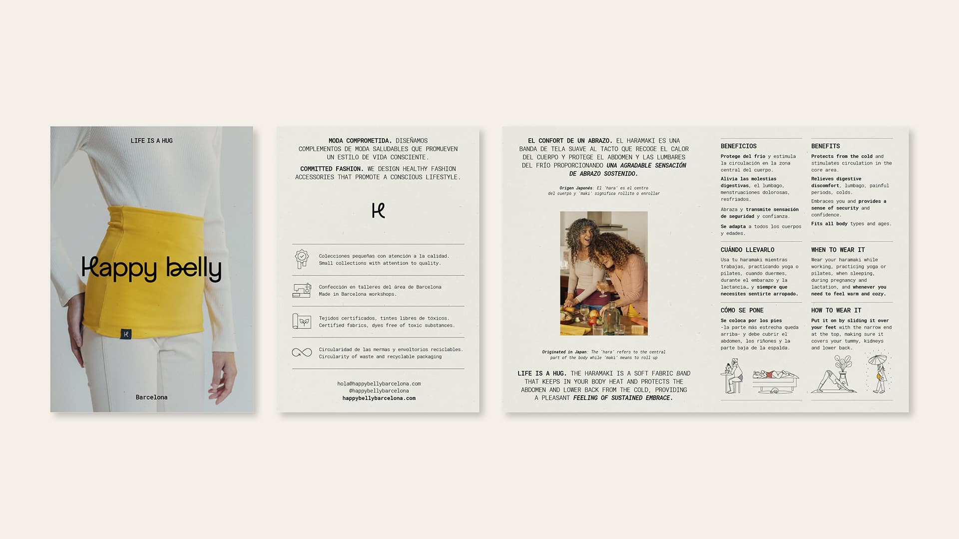 Nuevo branding de Happy Belly Barcelona aplicado en tríptico diseño de Nomon Design, agencia de branding