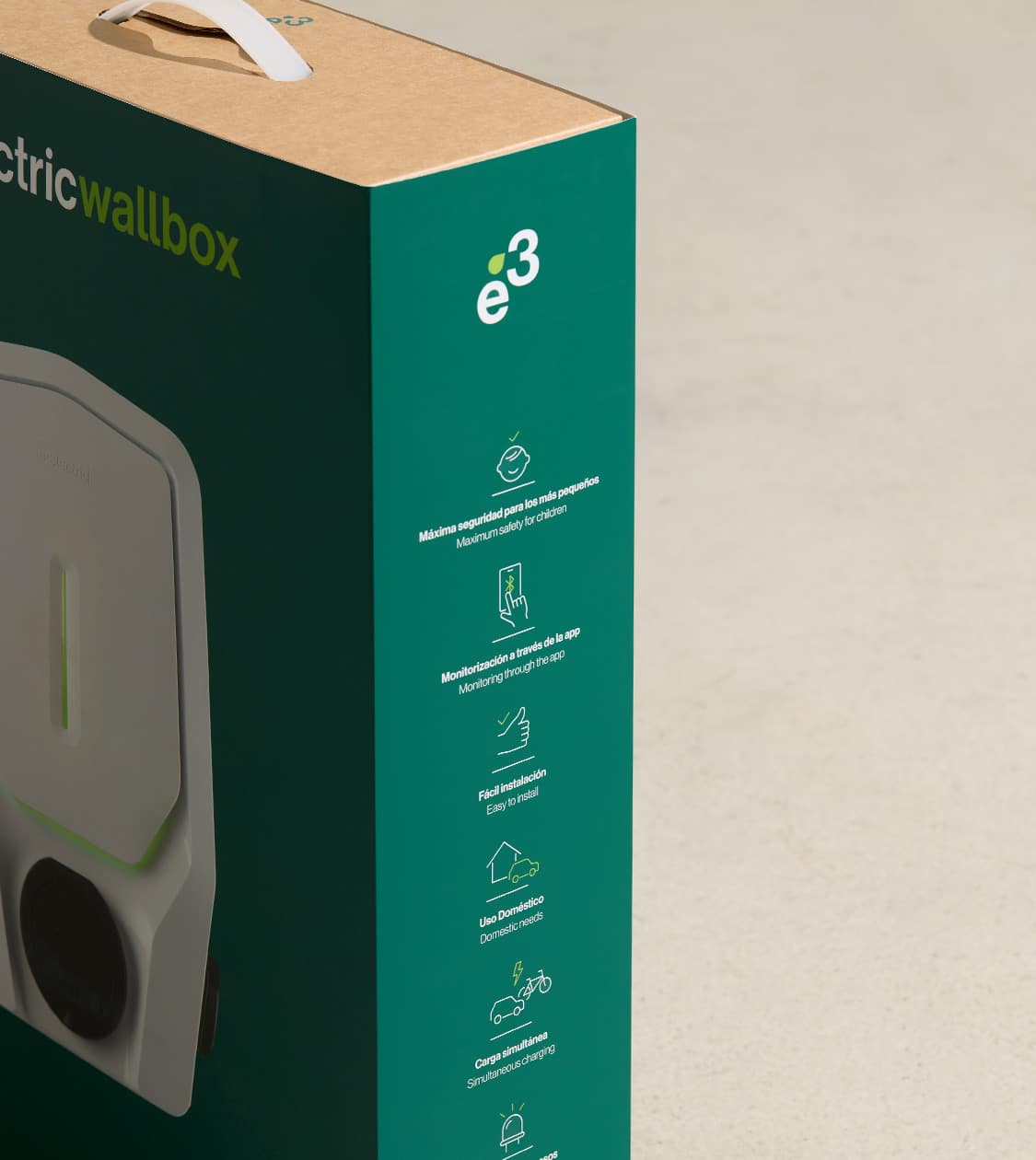 Lateral del packaging e-3lectricwallbox con iconografía de funcionalidades, diseñado por Nomon Design, agencia de branding, diseño gráfico y packaging de Barcelona.