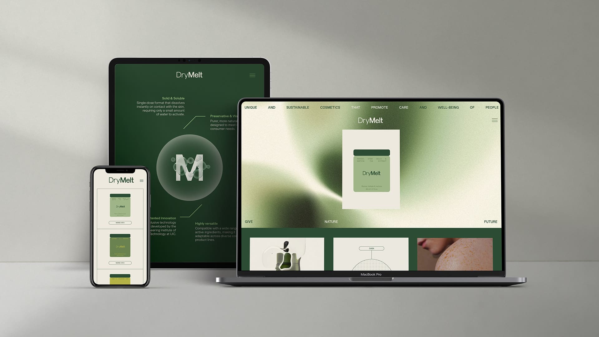 Diseño web responsive de DryMelt en distintos dispositivos, desarrollado por Nomon Design, agencia de branding de Barcelona.