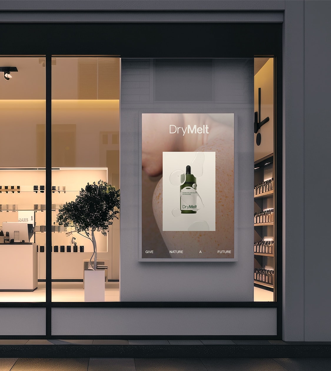 Cartel publicitario de DryMelt en escaparate comercial, desarrollado por Nomon Design, agencia de branding.