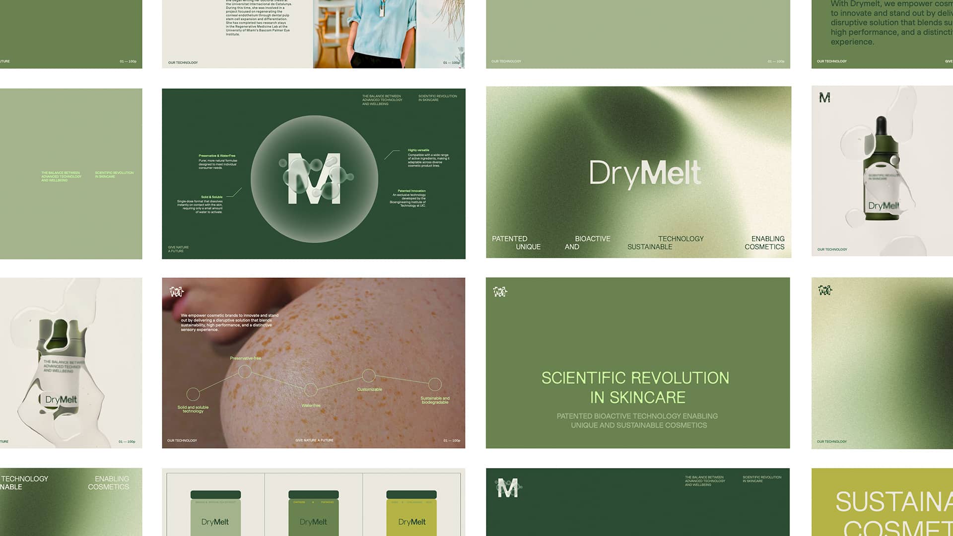Collage de piezas gráficas y contenido visual de DryMelt, desarrollado por Nomon Design, agencia de branding.