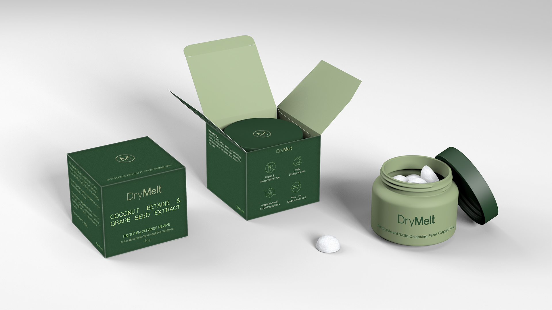 Envases y packaging primario de las cápsulas faciales de DryMelt, diseño de Nomon Design, agencia de branding.