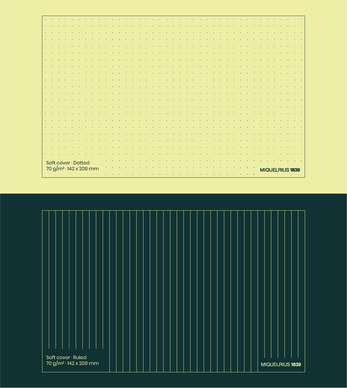 Diseño de páginas interiores para libretas Miquelrius con sistema gráfico dotted y ruled desarrollado por Nomon Design, agencia de branding en Barcelona.