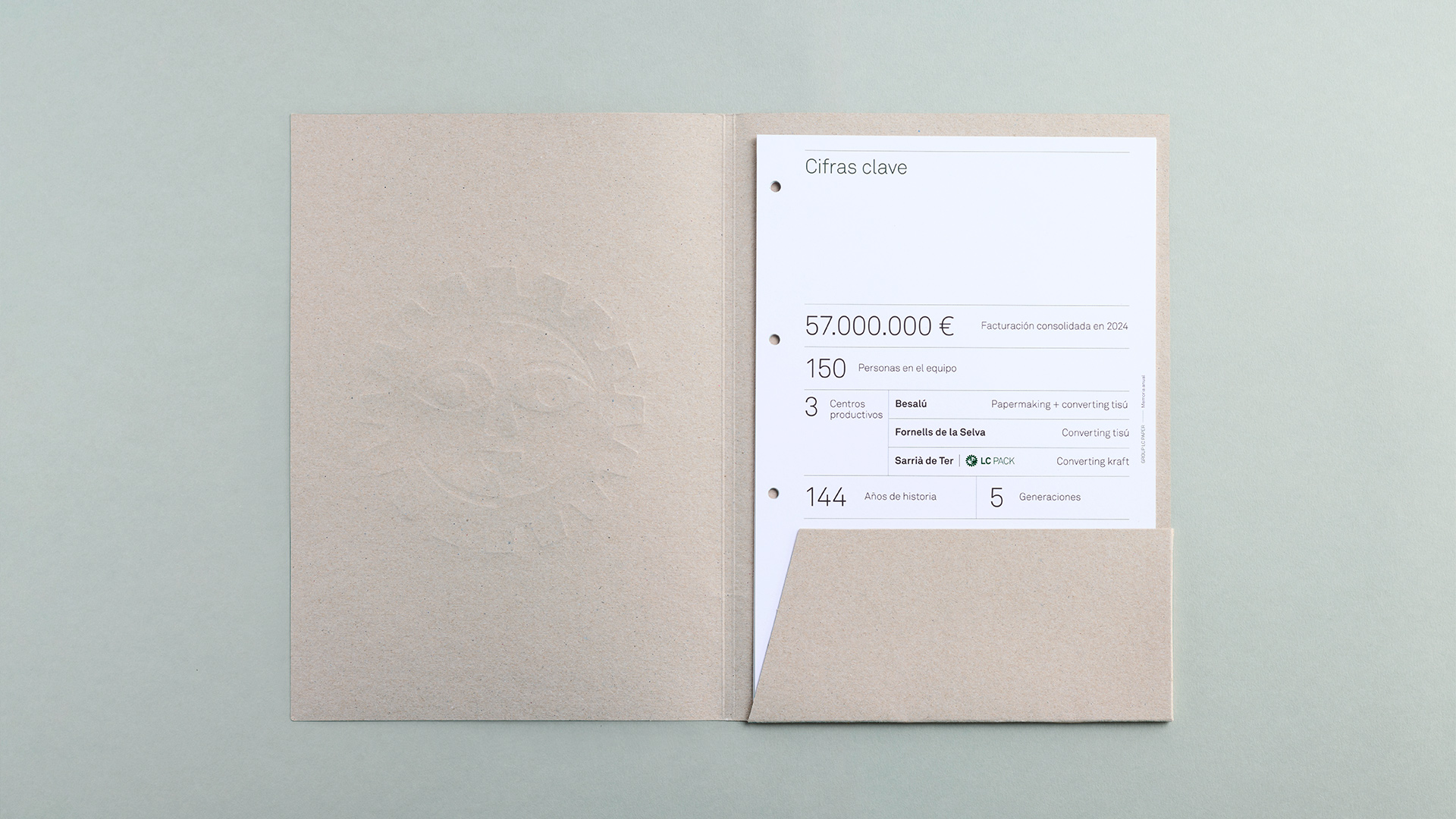 Diseño editorial interior de memoria corporativa LC Paper con cifras clave estructuradas por Nomon Design, agencia de branding en Barcelona.